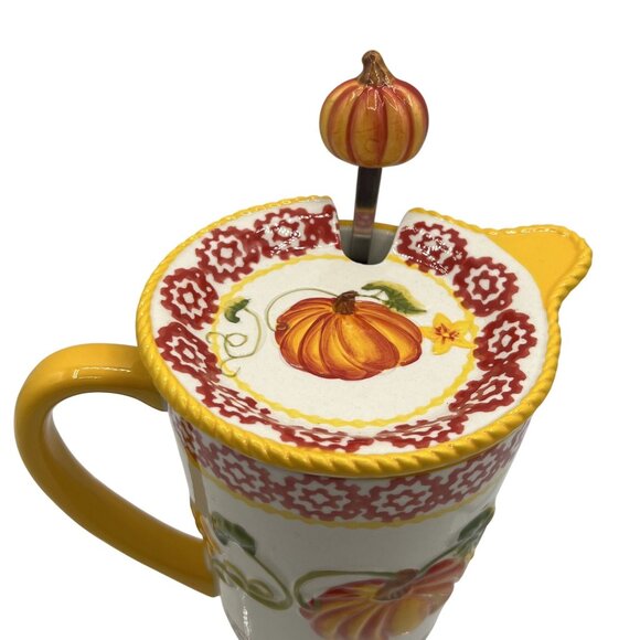 Temptations Hand Crafted & Painted 3D Pumpkin Harvest Mug Spoon & Lid 16 oz 3pcs - Picture 3 of 13